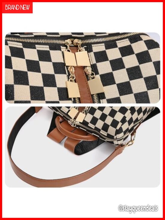 Women\'s Checkered Backpack Purse Canvas PU Travel Daypack Laptop Bag main image 5
